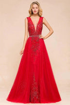 Deep V-Neck Sleeveless Lace Appliques Evening Maxi Dress A-line Chiffon Prom Dress by misshow.com