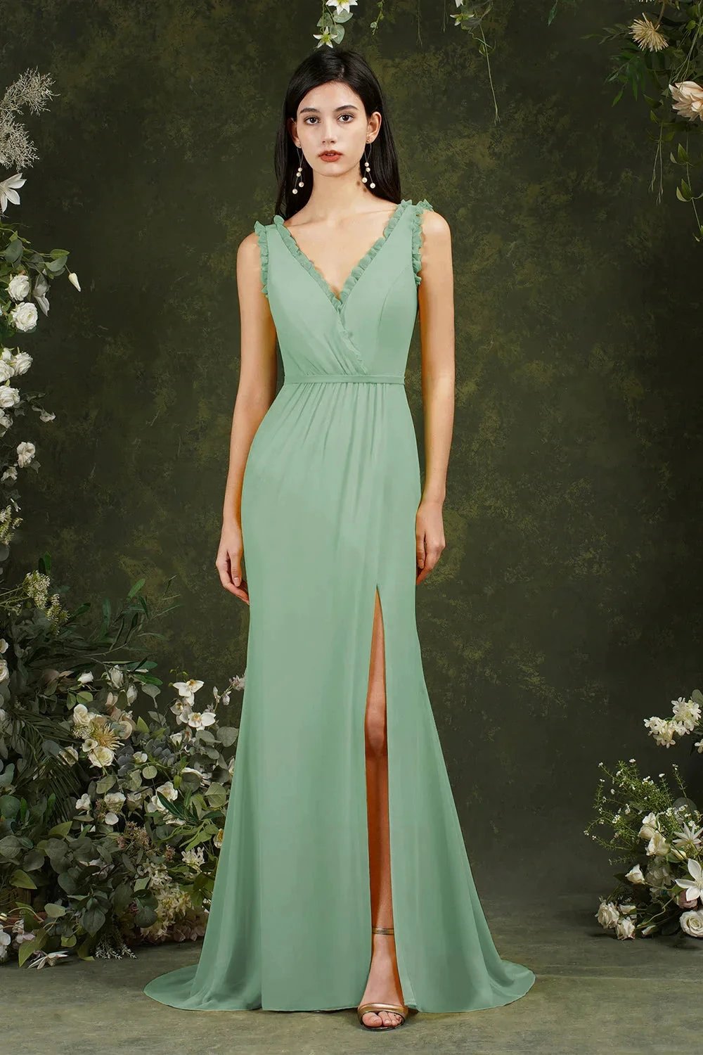 Deep V neck Sleeveless Split Front Floor-Length Prom dress by misshow.com