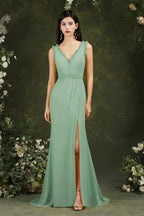 Deep V neck Sleeveless Split Front Floor-Length Prom dress by misshow.com