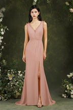 Deep V neck Sleeveless Split Front Floor-Length Prom dress by misshow.com