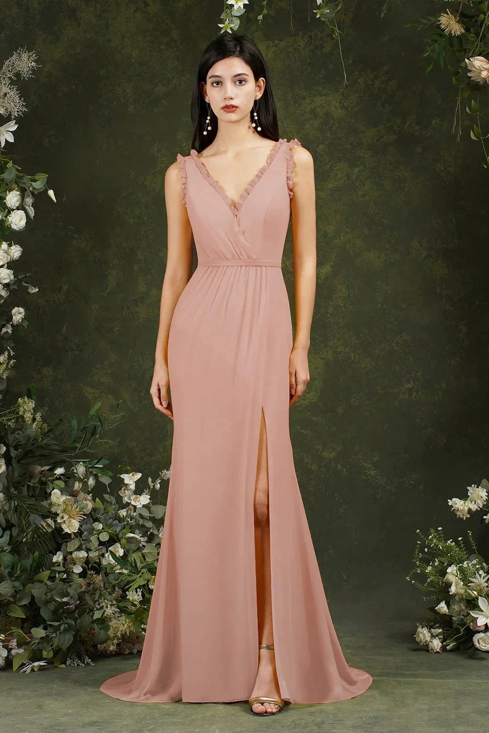 Deep V neck Sleeveless Split Front Floor-Length Prom dress by misshow.com