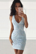 Deep V-Neck Sleevelss Short Light Blue Lace Homecoming Dress PD294 by pgmdress