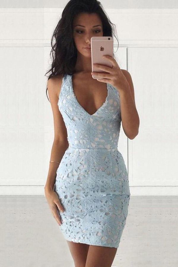 Deep V-Neck Sleevelss Short Light Blue Lace Homecoming Dress PD294 Hover Image