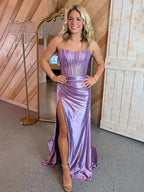 Delfina | Lilac Strapless Satin Sheath Long Prom Dresses with Slit by KissProm