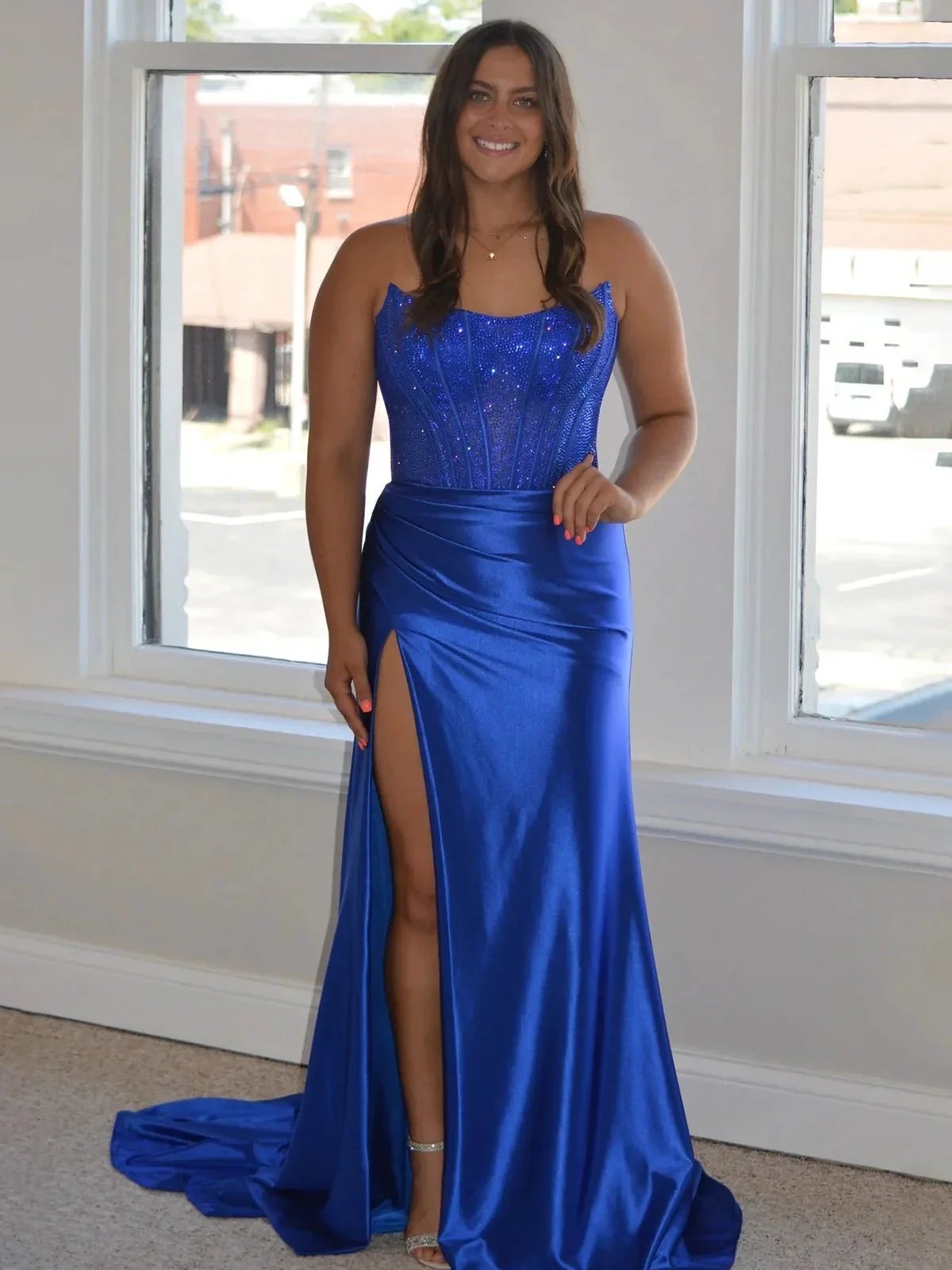 Delfina | Lilac Strapless Satin Sheath Long Prom Dresses with Slit by KissProm