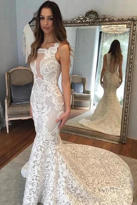 Delicate Illusion Court Train Lace Mermaid Elegant Wedding Dresses by misshow.com