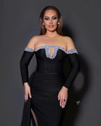 Deluxe Black Floor Length Long Sleeves Mermaid Satin Prom Dress with beads by misshow.com