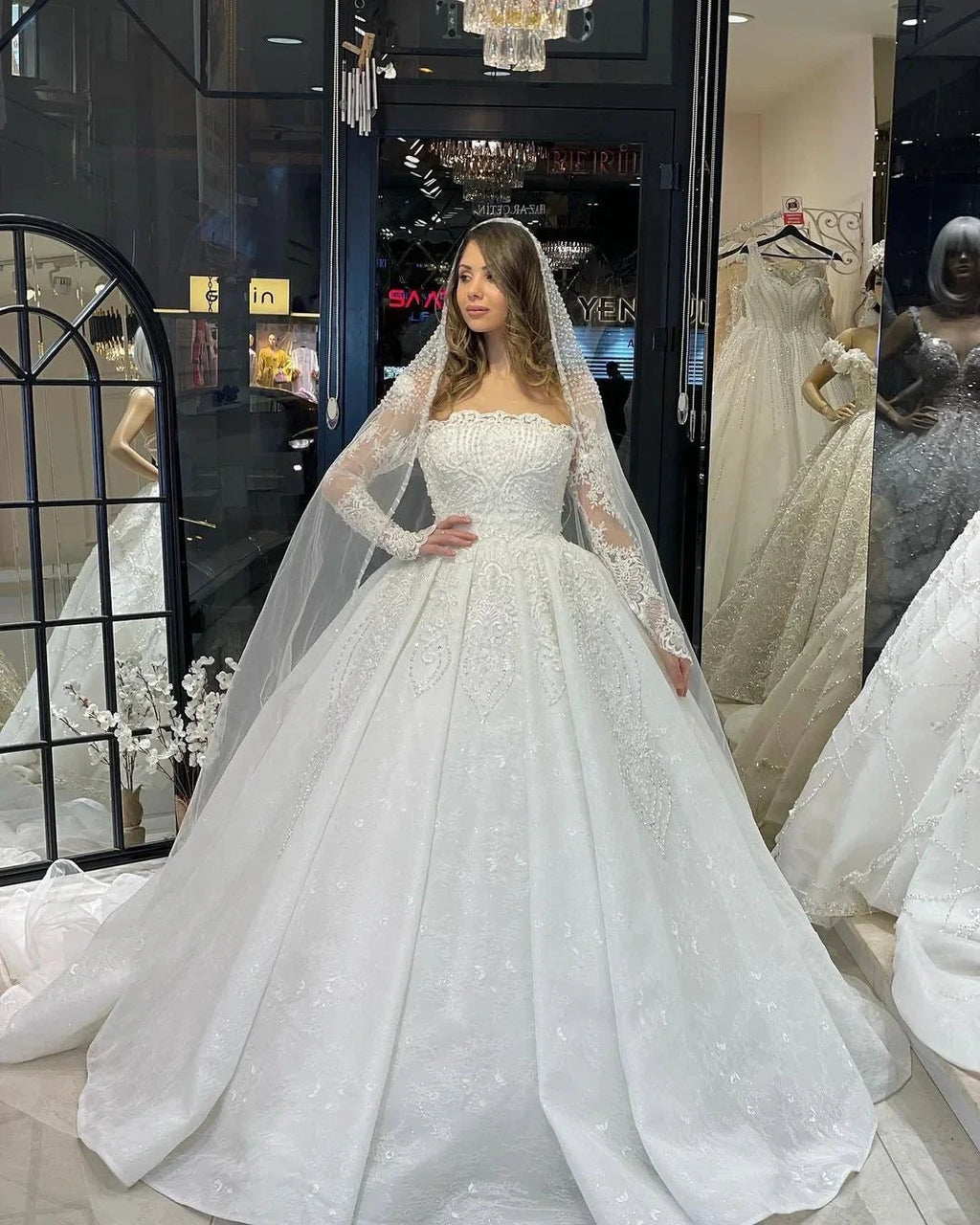 Deluxe Floor Length Long Sleeves A-Line Lace Wedding Dress with Ruffles by misshow.com