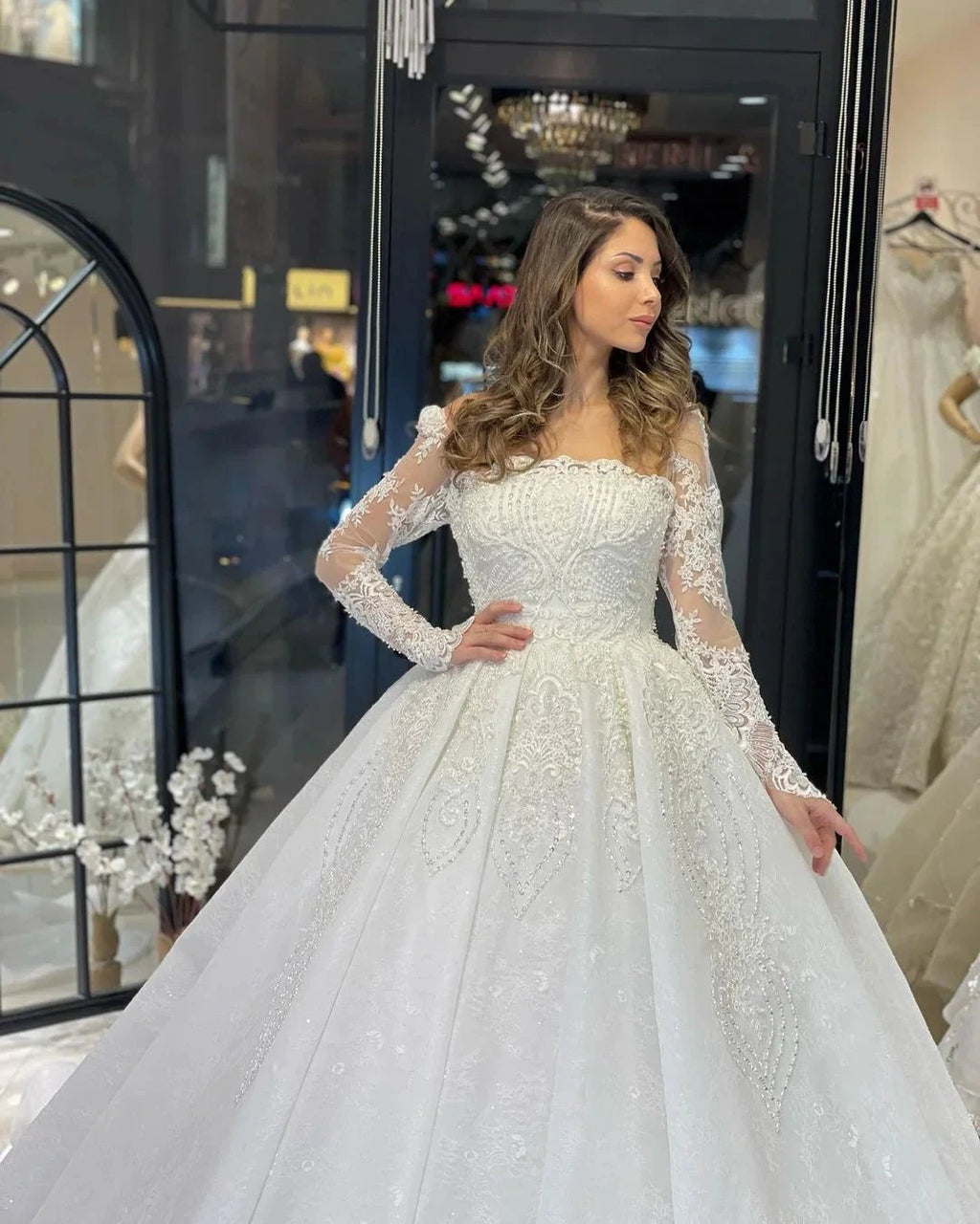 Deluxe Floor Length Long Sleeves A-Line Lace Wedding Dress with Ruffles by misshow.com