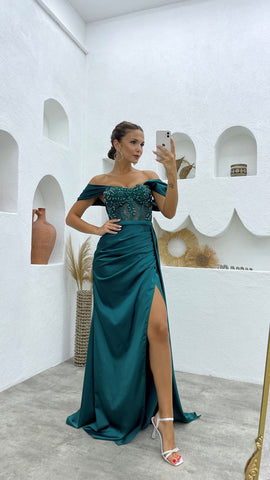 Deluxe Floor Length Off-The-Shoulder Sleeveless Mermaid Satin Prom Dress with Split