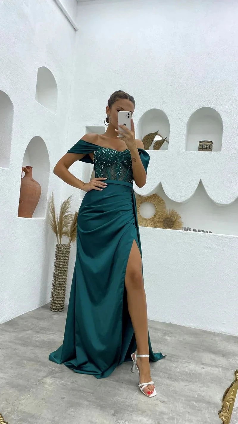 Deluxe Floor Length Off-The-Shoulder Sleeveless Mermaid Satin Prom Dress with Split by misshow.com