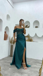 Deluxe Floor Length Off-The-Shoulder Sleeveless Mermaid Satin Prom Dress with Split by misshow.com
