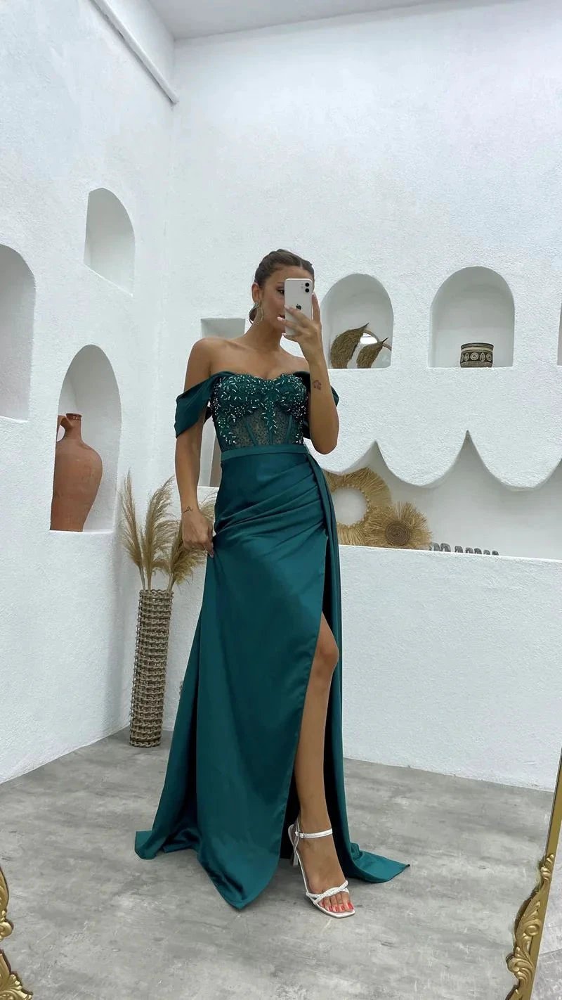 Deluxe Floor Length Off-The-Shoulder Sleeveless Mermaid Satin Prom Dress with Split by misshow.com
