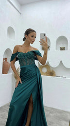 Deluxe Floor Length Off-The-Shoulder Sleeveless Mermaid Satin Prom Dress with Split by misshow.com