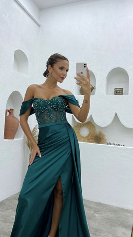 Deluxe Floor Length Off-The-Shoulder Sleeveless Mermaid Satin Prom Dress with Split