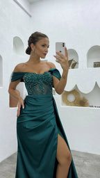 Deluxe Floor Length Off-The-Shoulder Sleeveless Mermaid Satin Prom Dress with Split by misshow.com