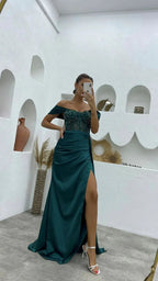 Deluxe Floor Length Off-The-Shoulder Sleeveless Mermaid Satin Prom Dress with Split by misshow.com