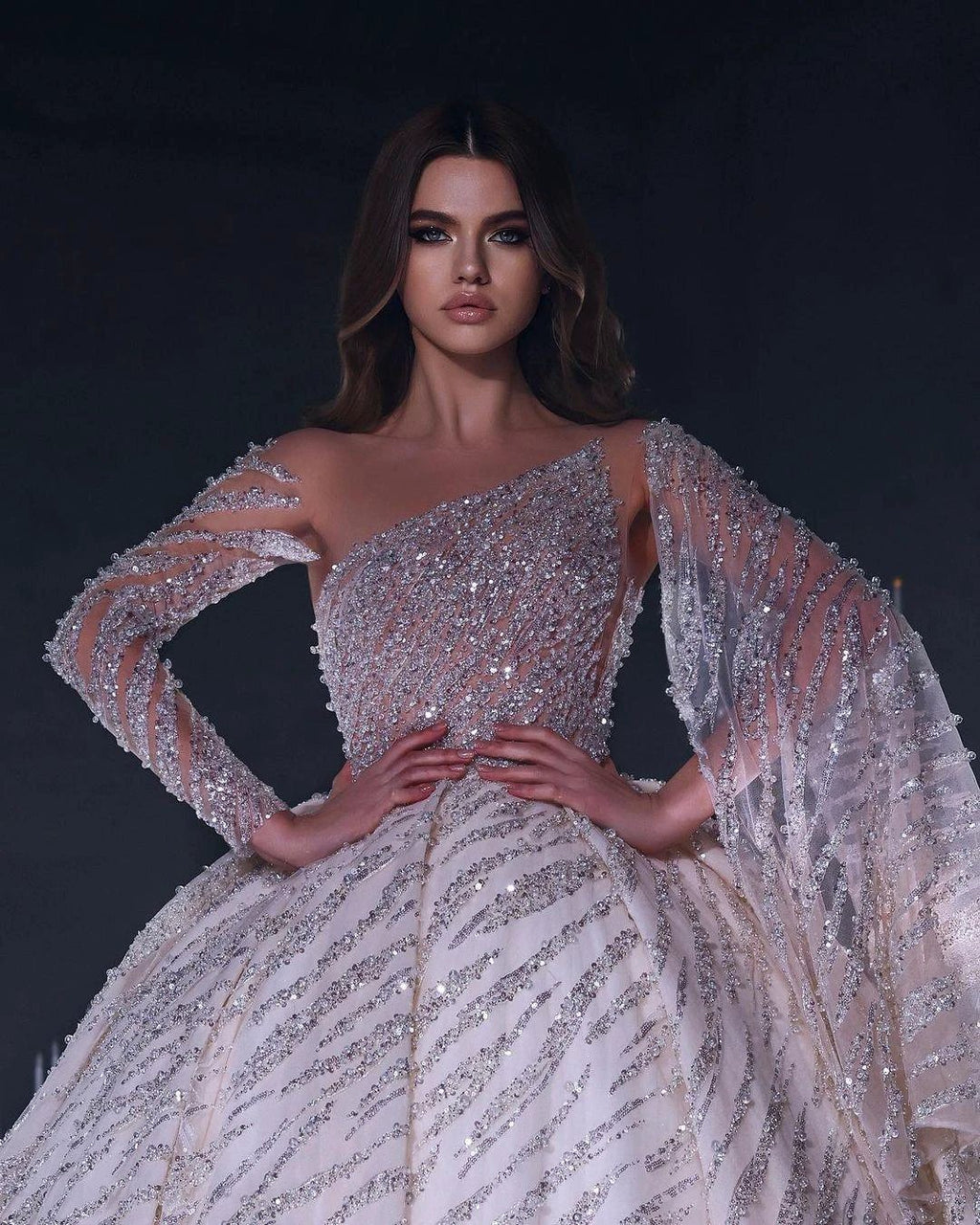 Deluxe Floor Length One-Shoulder A-Line Sequined Wedding Dress with Ruffles by misshow.com