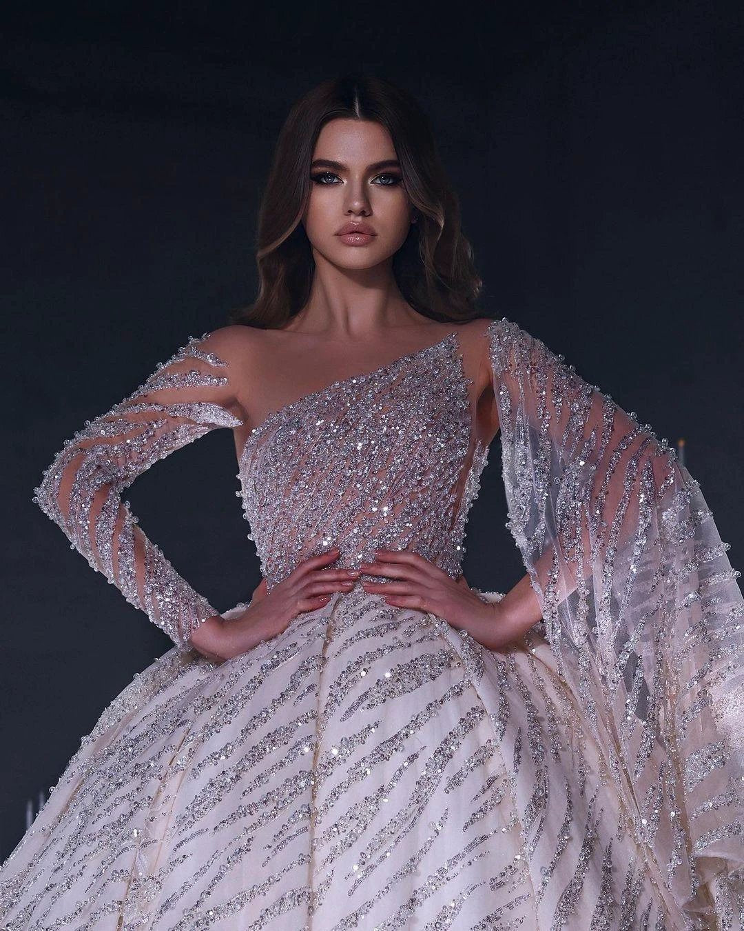 Deluxe Floor Length One-Shoulder A-Line Sequined Wedding Dress with Ruffles by misshow.com