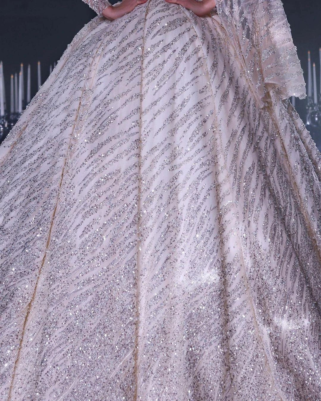 Deluxe Floor Length One-Shoulder A-Line Sequined Wedding Dress with Ruffles by misshow.com