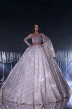 Deluxe Floor Length One-Shoulder A-Line Sequined Wedding Dress with Ruffles by misshow.com