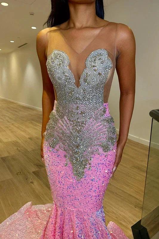 Deluxe Floor Length Sleeveless Mermaid Sequined Prom Dress with Ruffles by misshow.com