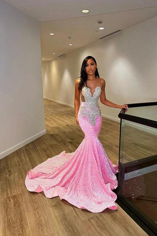 Deluxe Floor Length Sleeveless Mermaid Sequined Prom Dress with Ruffles by misshow.com
