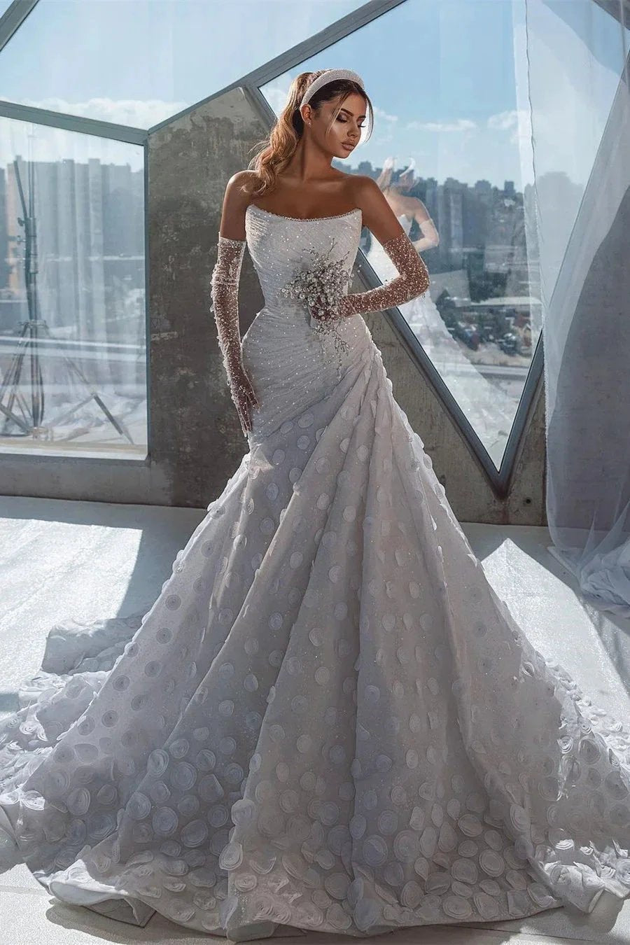 Deluxe Floor Length Strapless Sleeveless Sequined Wedding Dress with Ruffles by misshow.com