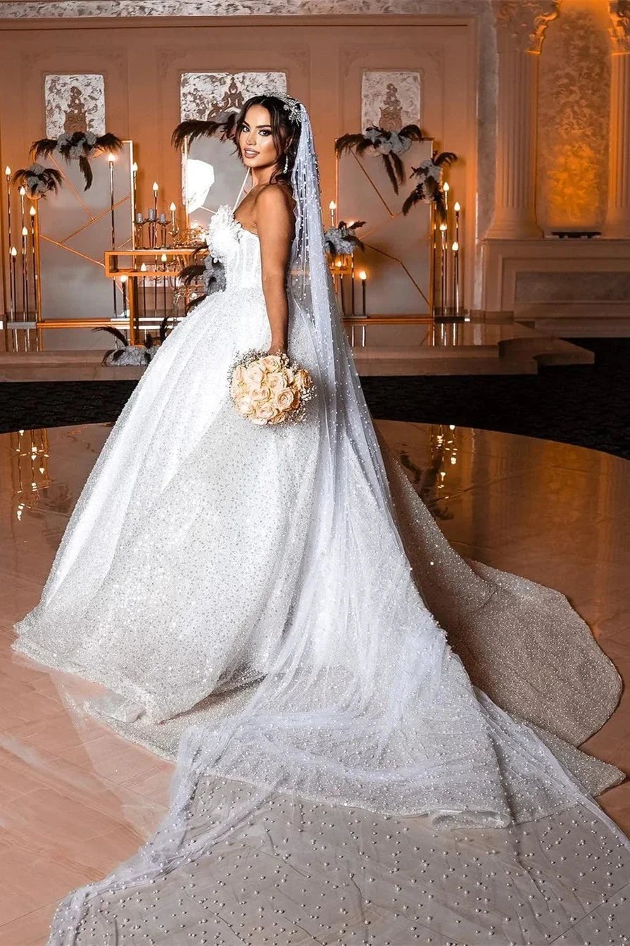 Deluxe Floor Length Sweetheart Sleeveless A-Line Sequined Wedding Dress with Beads by misshow.com