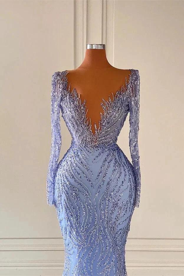 Deluxe Floor Length V-Neck Long Sleeves Mermaid Satin Prom Dress with Beads by misshow.com