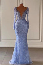 Deluxe Floor Length V-Neck Long Sleeves Mermaid Satin Prom Dress with Beads by misshow.com