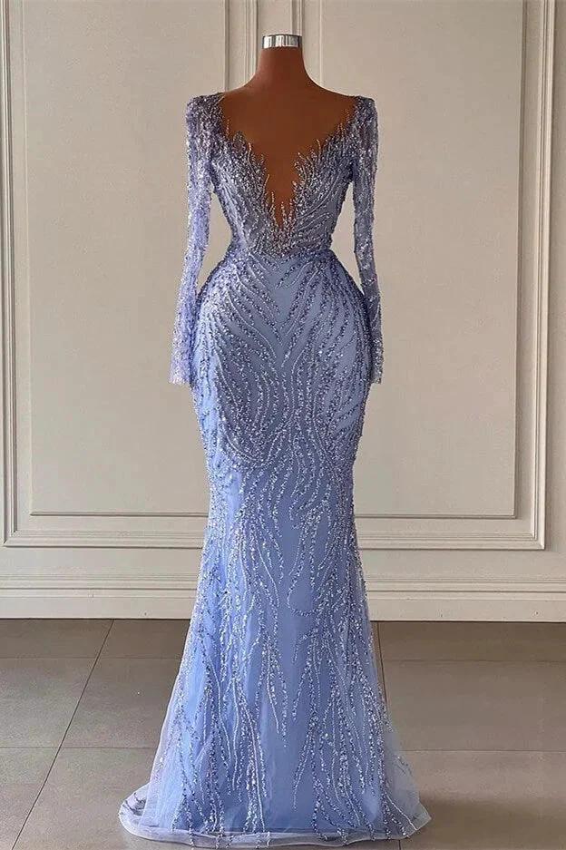Deluxe Floor Length V-Neck Long Sleeves Mermaid Satin Prom Dress with Beads by misshow.com