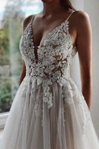 Designer A-line Appliques V-neck Wedding Dresses With Lace by misshow.com
