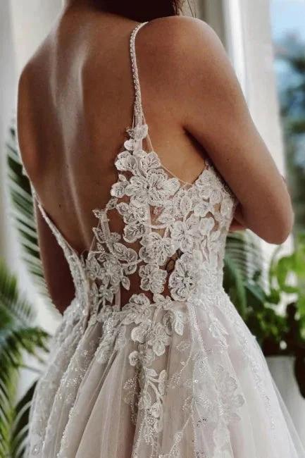 Designer A-line Appliques V-neck Wedding Dresses With Lace by misshow.com