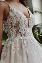 Designer A-line Appliques V-neck Wedding Dresses With Lace by misshow.com