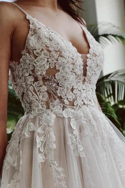 Designer A-line Appliques V-neck Wedding Dresses With Lace by misshow.com
