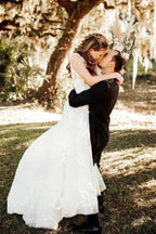 Designer A-Line Boho V-neck Straps Wedding Dresses With Lace by misshow.com