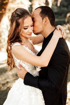 Designer A-Line Boho V-neck Straps Wedding Dresses With Lace by misshow.com