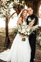 Designer A-Line Boho V-neck Straps Wedding Dresses With Lace by misshow.com
