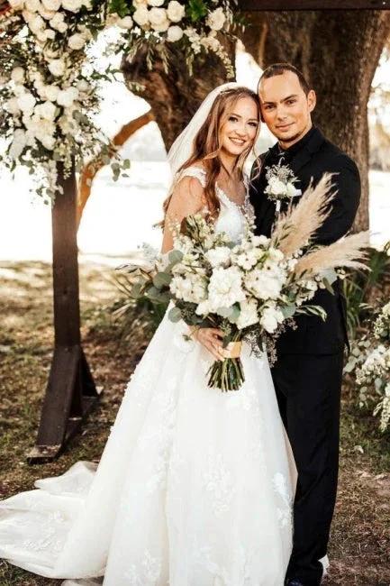 Designer A-Line Boho V-neck Straps Wedding Dresses With Lace by misshow.com