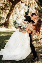 Designer A-Line Boho V-neck Straps Wedding Dresses With Lace by misshow.com