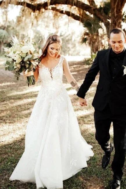 Designer A-Line Boho V-neck Straps Wedding Dresses With Lace by misshow.com