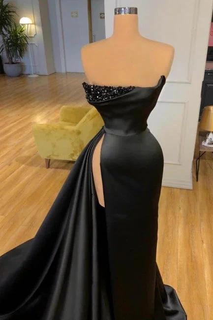 Designer A-line Evening Dresses Long Black Prom Dresses With Slit by misshow.com