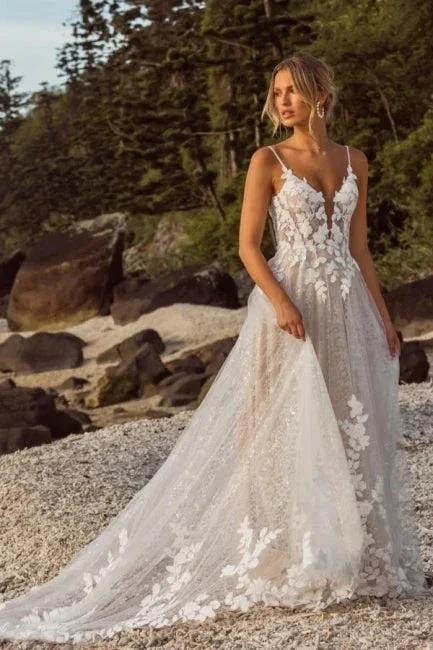 Designer A-Line Lace Spaghetti Straps Sleeveless White Wedding Dress With Appliques by misshow.com