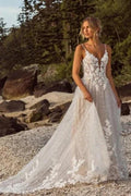 Designer A-Line Lace Spaghetti Straps Sleeveless White Wedding Dress With Appliques by misshow.com