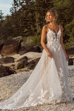 Designer A-Line Lace Spaghetti Straps Sleeveless White Wedding Dress With Appliques by misshow.com