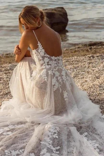 Designer A-Line Lace Spaghetti Straps Sleeveless White Wedding Dress With Appliques by misshow.com