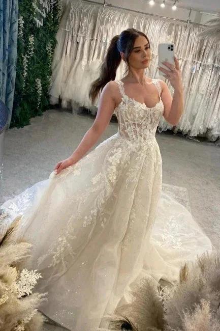 Designer A-Line Lace Sweetheart Sleeveless White Wedding Dress With Train by misshow.com