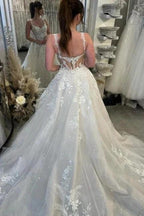 Designer A-Line Lace Sweetheart Sleeveless White Wedding Dress With Train by misshow.com