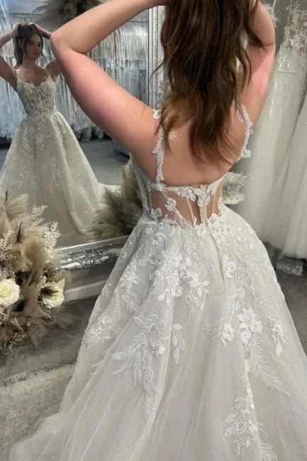 Designer A-Line Lace Sweetheart Sleeveless White Wedding Dress With Train by misshow.com